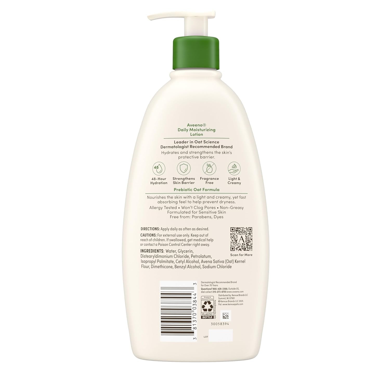 Daily Moisturizing Body Lotion, Body Lotion for Dry Skin with Prebiotic Oat, Paraben Free, Fragrance Free, Non-Greasy, Non-Comedogenic Moisturizer, 18 FL OZ